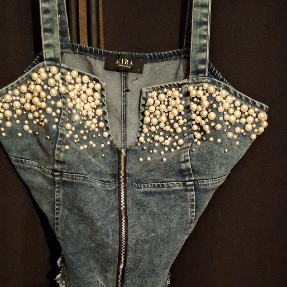 Aura Blue Denim Women's TOP with Pearl Accents - Picture 3 of 7